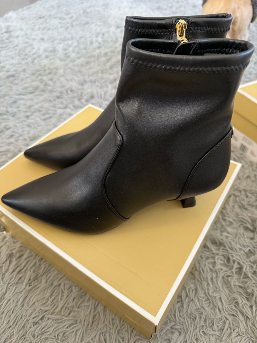 Michael Kors Black Pointed Toe Ankle Booties with Gold Zip